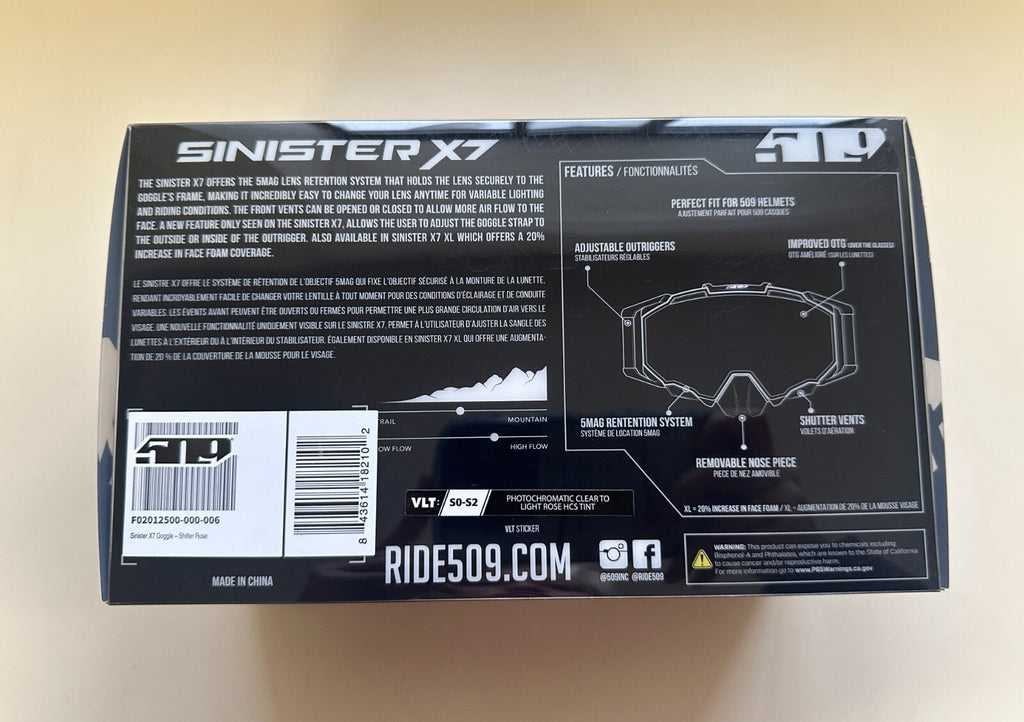 Shifter rose Sinister X7 Goggle PHOTOGRAPHIC CLEAR TO LIGHT ROSE HCS TINT 